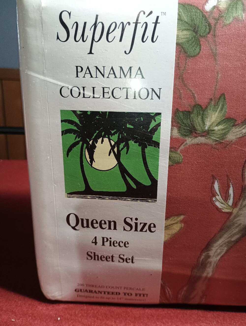 Vintage Superfit Panama Collection Percale Queen Sheet Set Coral Floral Tropical - Picture 3 of 6